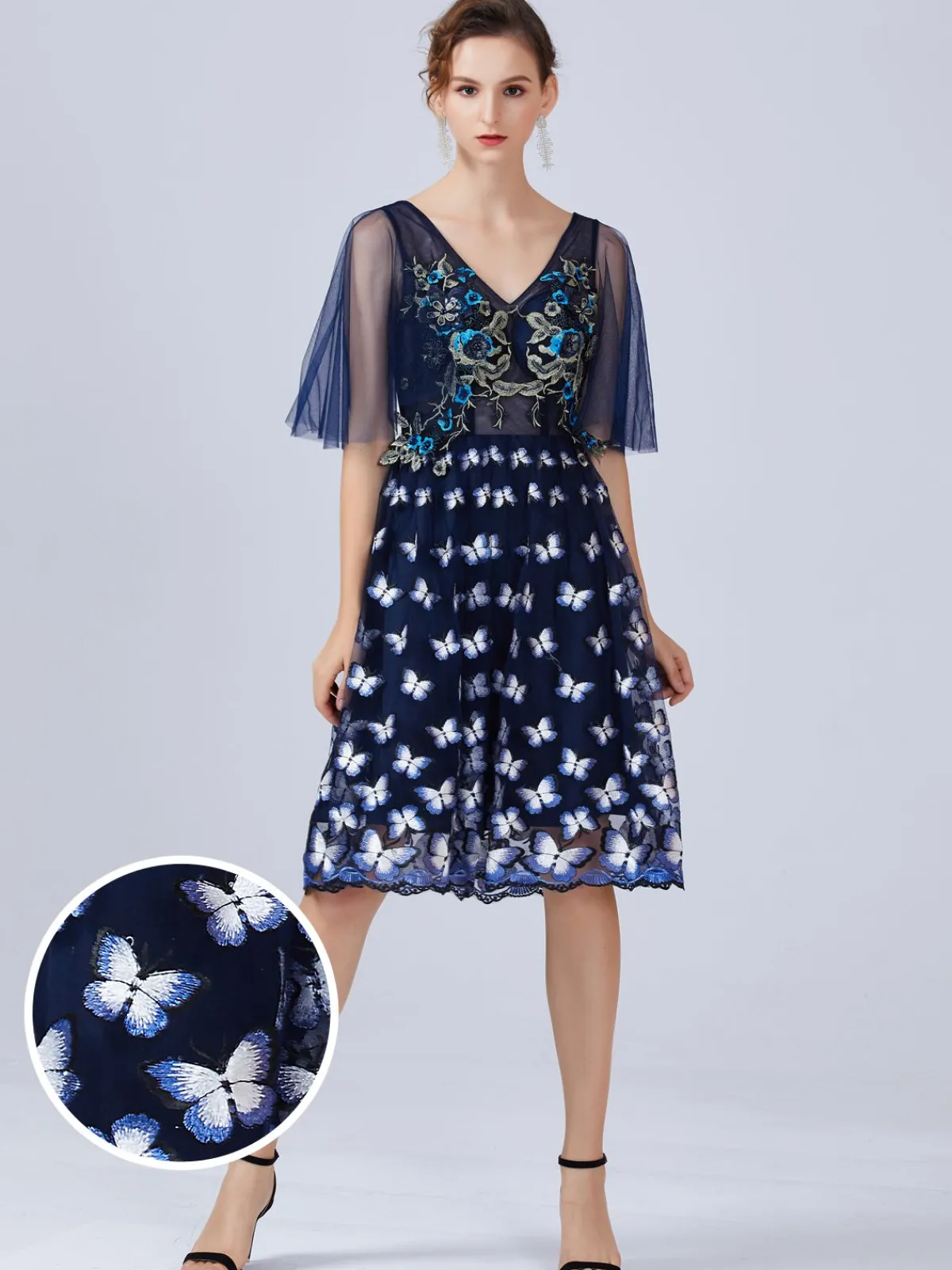 Sale Retro Stage 1950s Embroidery Butterfly Bridesmaid Dress Navy Blue