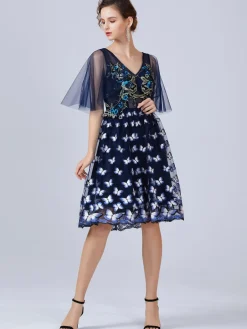 Sale Retro Stage 1950s Embroidery Butterfly Bridesmaid Dress Navy Blue
