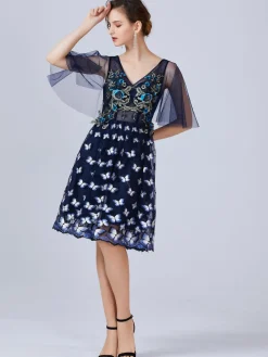 Sale Retro Stage 1950s Embroidery Butterfly Bridesmaid Dress Navy Blue