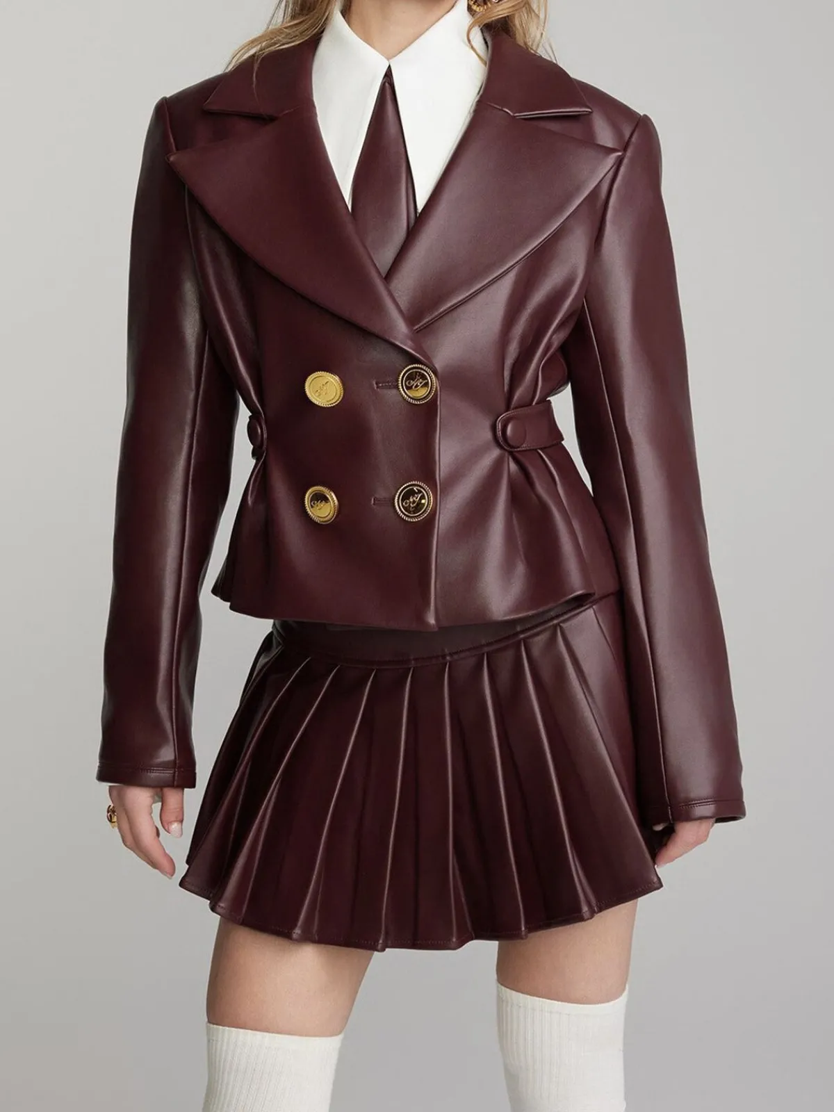 Hot Retro Stage 1950s Faux Leather Double-Breasted Coat Dark Brown