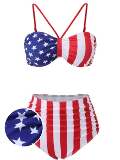 Outlet Retro Stage 1940s Flag Independence Day Patchwork Swimsuit Red