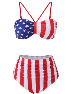 Outlet Retro Stage 1940s Flag Independence Day Patchwork Swimsuit Red