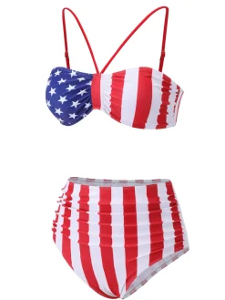 Outlet Retro Stage 1940s Flag Independence Day Patchwork Swimsuit Red