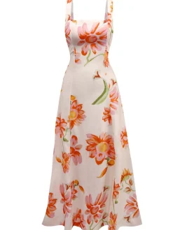Fashion Retro Stage 1940s Floral Backless Wide Strap Dress Multicolor