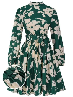 Clearance Retro Stage 1940s Floral Belted Pleated Dress