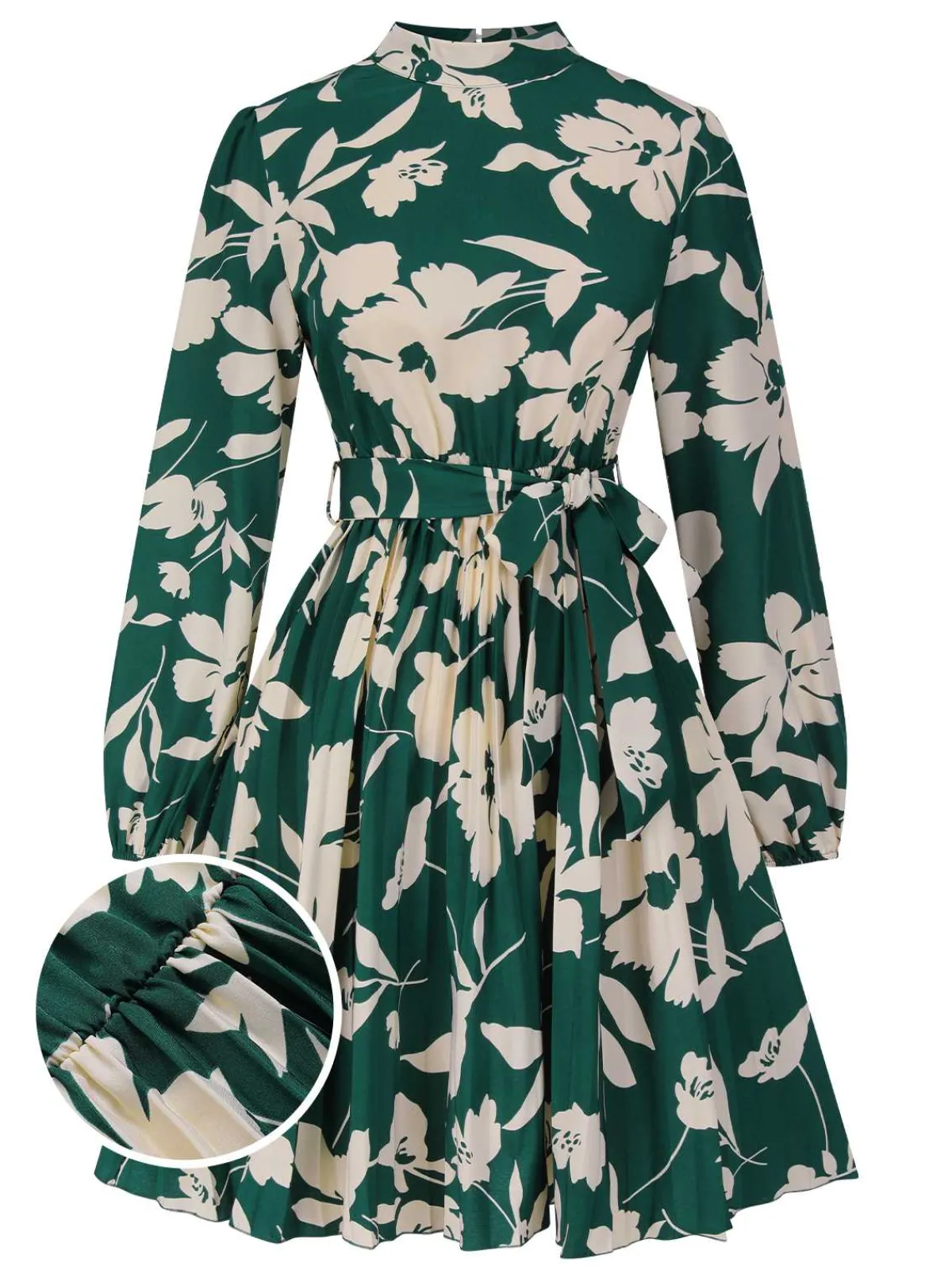 Clearance Retro Stage 1940s Floral Belted Pleated Dress
