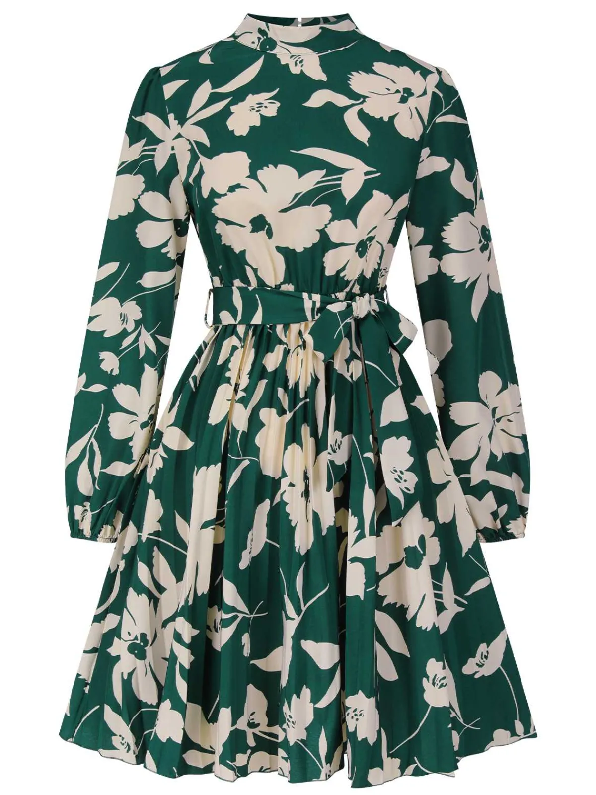 Clearance Retro Stage 1940s Floral Belted Pleated Dress