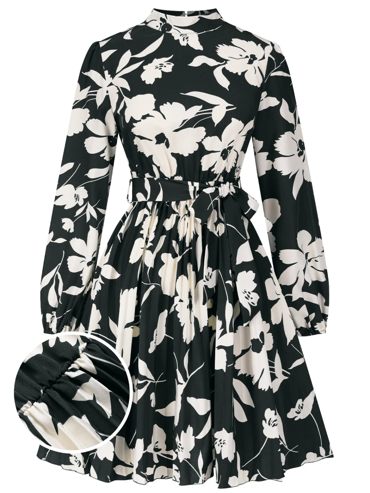 Clearance Retro Stage 1940s Floral Belted Pleated Dress