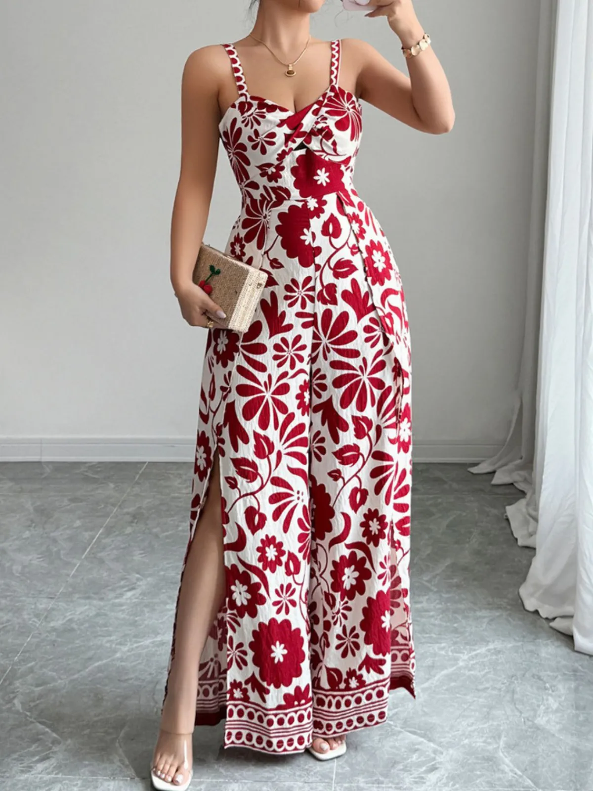 Hot Retro Stage 1970s Floral Boho Style Suspender Jumpsuit