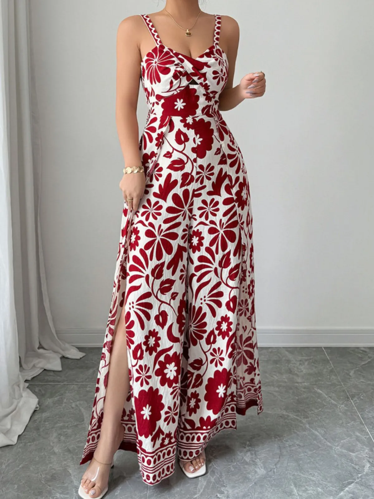 Hot Retro Stage 1970s Floral Boho Style Suspender Jumpsuit