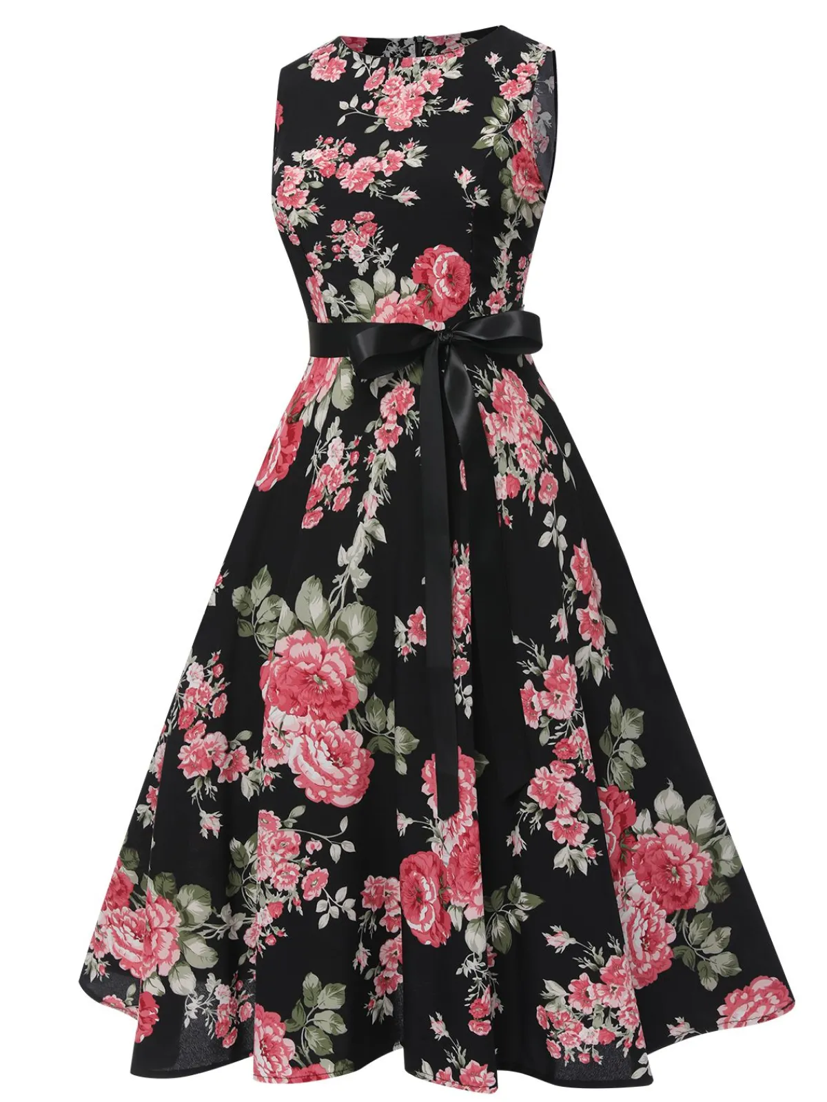 Outlet Retro Stage 1950s Floral Bow Belt Vintage Dress