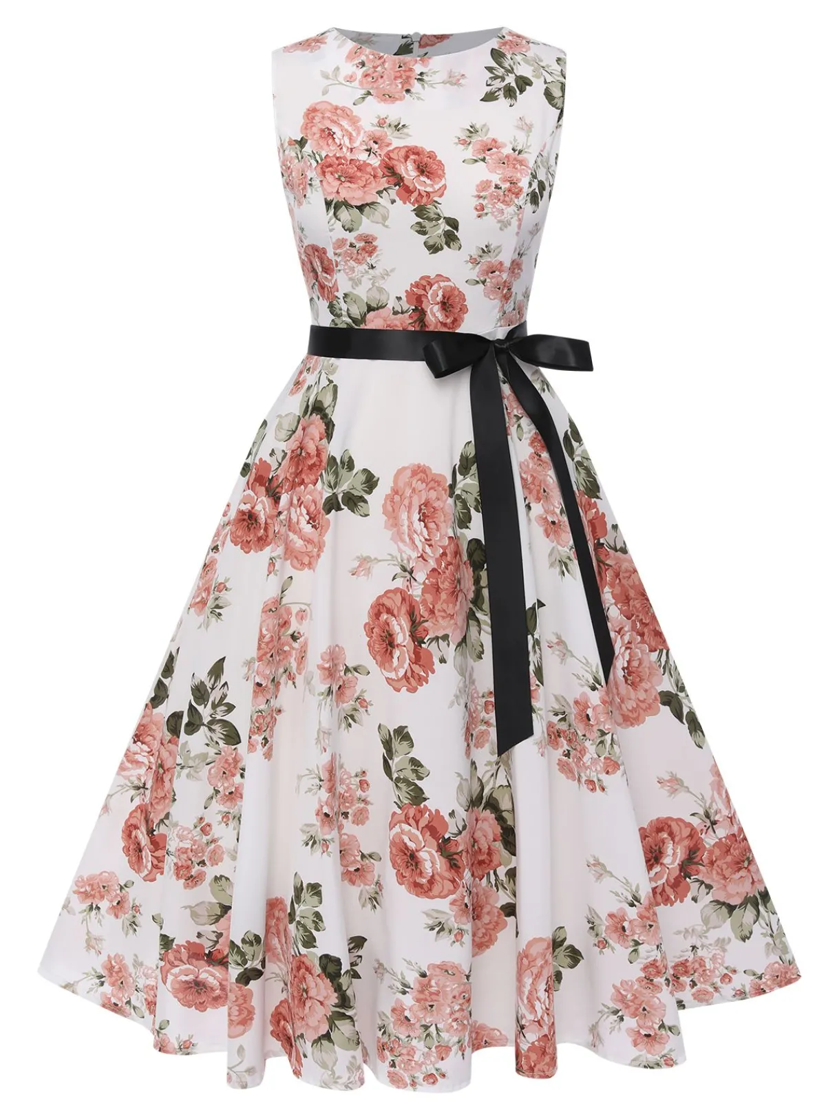Outlet Retro Stage 1950s Floral Bow Belt Vintage Dress