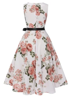 Outlet Retro Stage 1950s Floral Bow Belt Vintage Dress