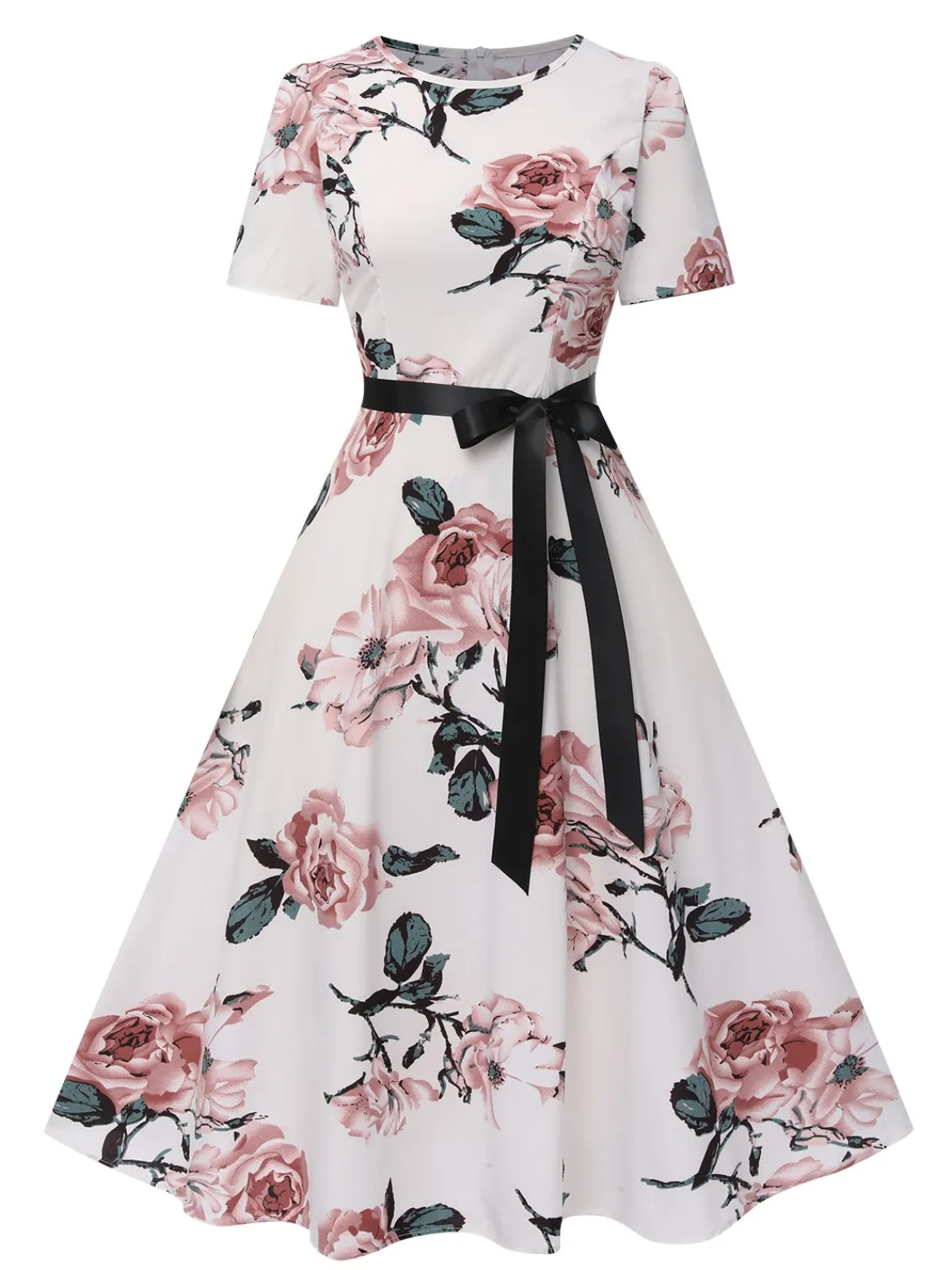 Clearance Retro Stage 1950s Floral Bow Short Sleeve Swing Dress