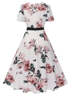 Clearance Retro Stage 1950s Floral Bow Short Sleeve Swing Dress