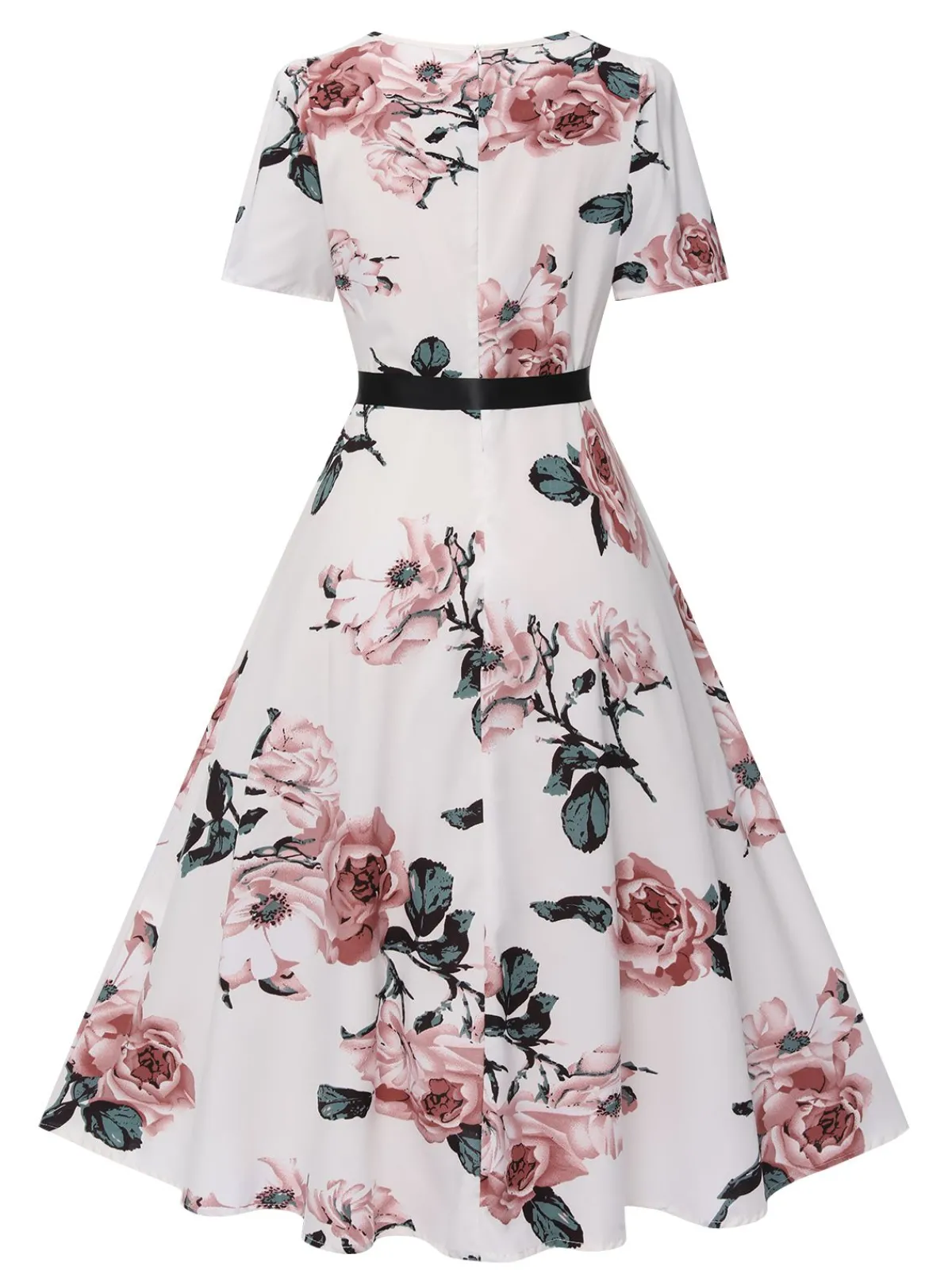 Clearance Retro Stage 1950s Floral Bow Short Sleeve Swing Dress