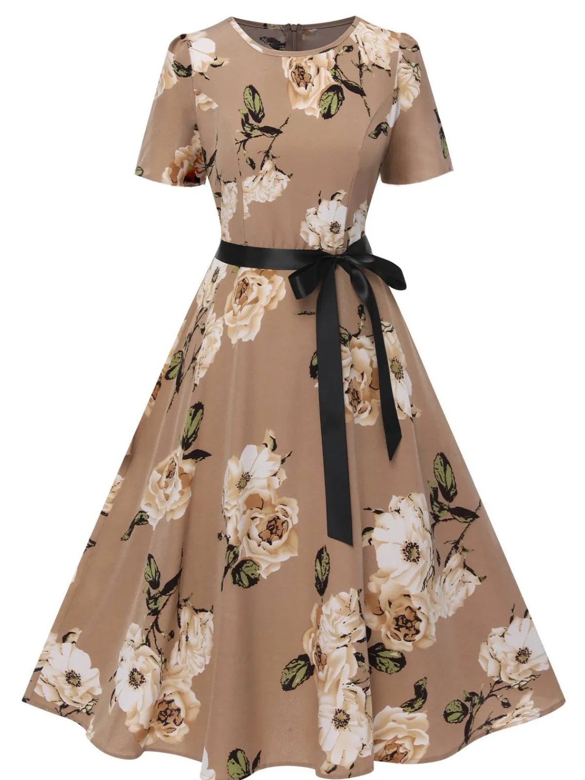 Clearance Retro Stage 1950s Floral Bow Short Sleeve Swing Dress