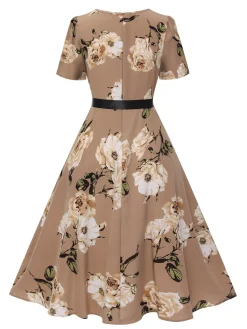Clearance Retro Stage 1950s Floral Bow Short Sleeve Swing Dress