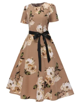 Clearance Retro Stage 1950s Floral Bow Short Sleeve Swing Dress