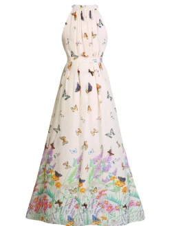 Hot Retro Stage 1930s Floral Butterfly Vintage Maxi Dress Beige