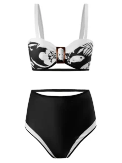 New Retro Stage 1940s Floral Contrast Patchwork Strap Swimsuit Black