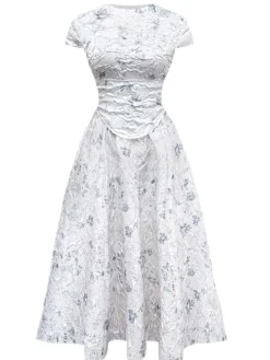 Best Retro Stage 1940s Floral Crinkle-Jacquard Waistband Dress White