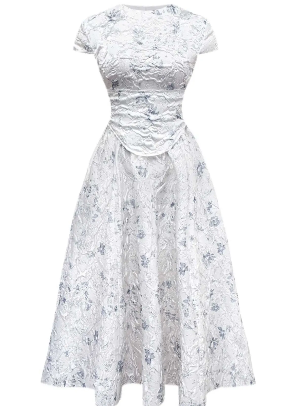 Best Retro Stage 1940s Floral Crinkle-Jacquard Waistband Dress White