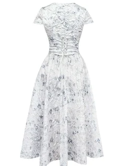 Best Retro Stage 1940s Floral Crinkle-Jacquard Waistband Dress White