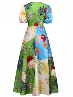 Online Retro Stage 1940s Floral Doodle Puff Sleeve Dress Green