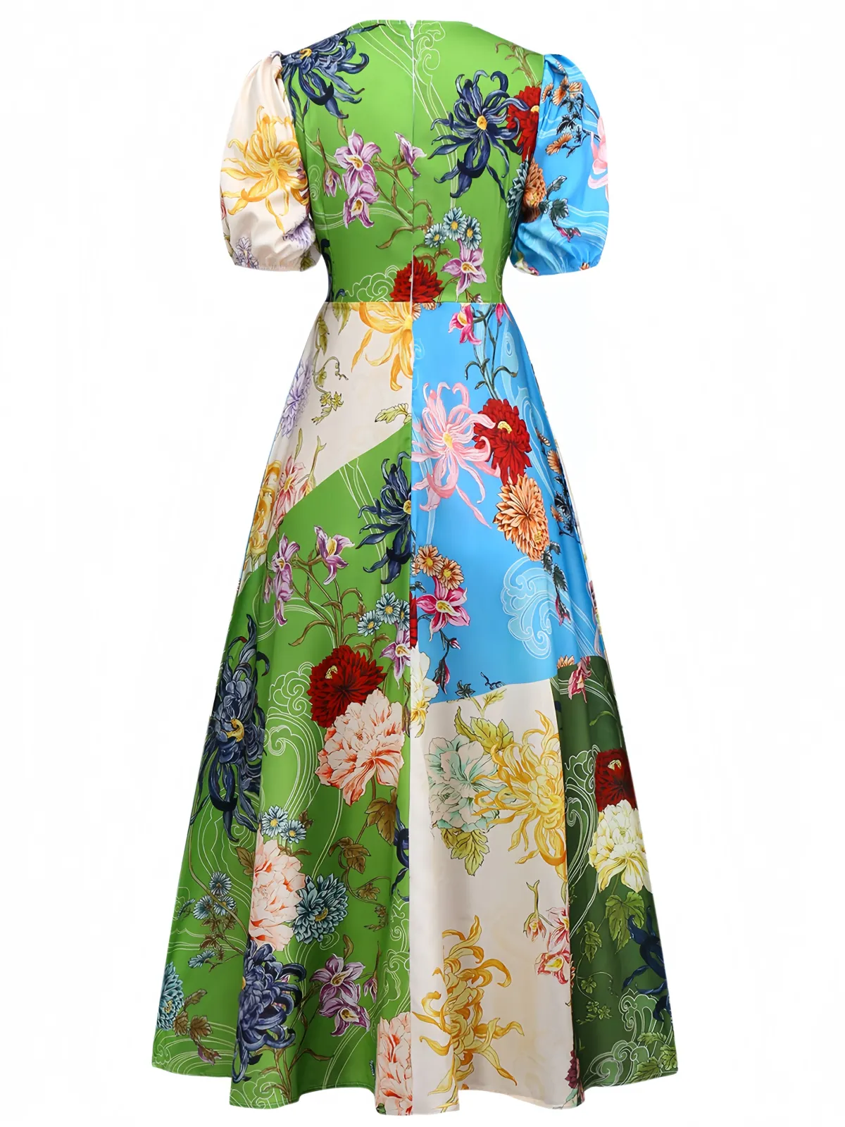 Online Retro Stage 1940s Floral Doodle Puff Sleeve Dress Green