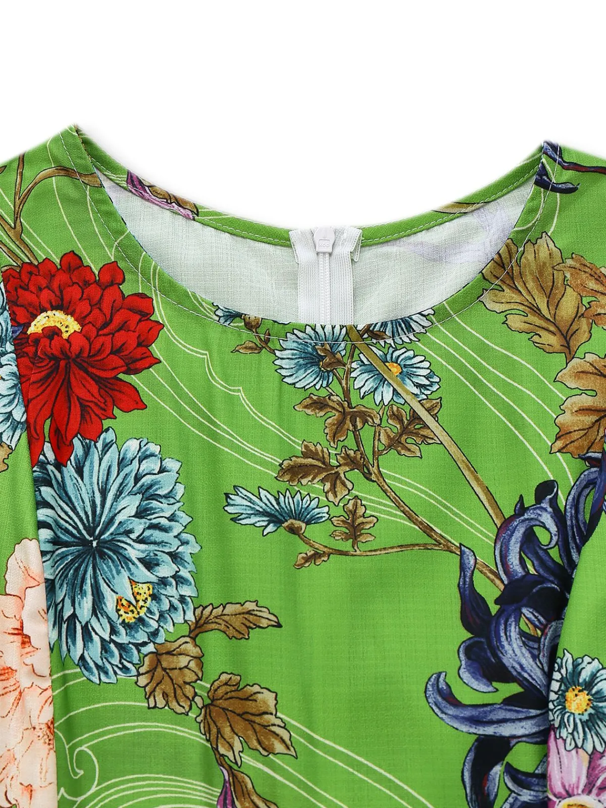 Online Retro Stage 1940s Floral Doodle Puff Sleeve Dress Green