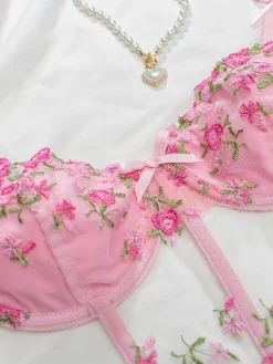 Online Retro Stage 1960s Floral Embroidered Bow Underwire Lingerie