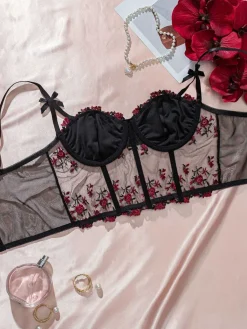 Online Retro Stage 1960s Floral Embroidered Bow Underwire Lingerie