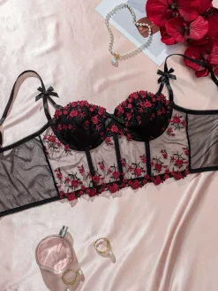 Online Retro Stage 1960s Floral Embroidered Bow Underwire Lingerie