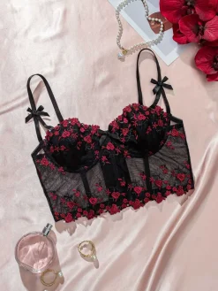 Online Retro Stage 1960s Floral Embroidered Bow Underwire Lingerie