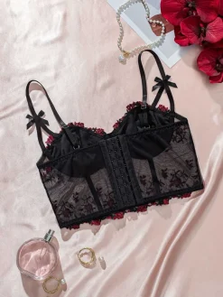 Online Retro Stage 1960s Floral Embroidered Bow Underwire Lingerie