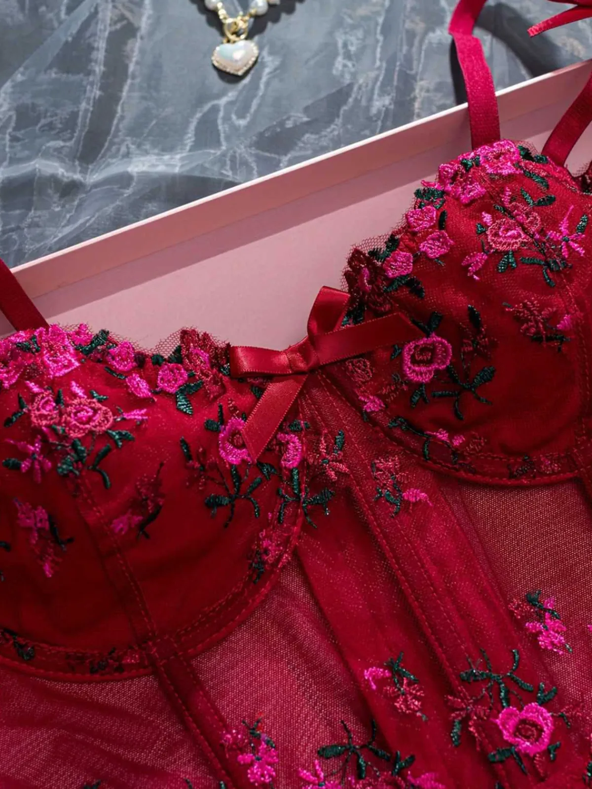 Online Retro Stage 1960s Floral Embroidered Bow Underwire Lingerie