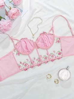 Online Retro Stage 1960s Floral Embroidered Bow Underwire Lingerie