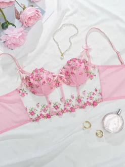 Online Retro Stage 1960s Floral Embroidered Bow Underwire Lingerie
