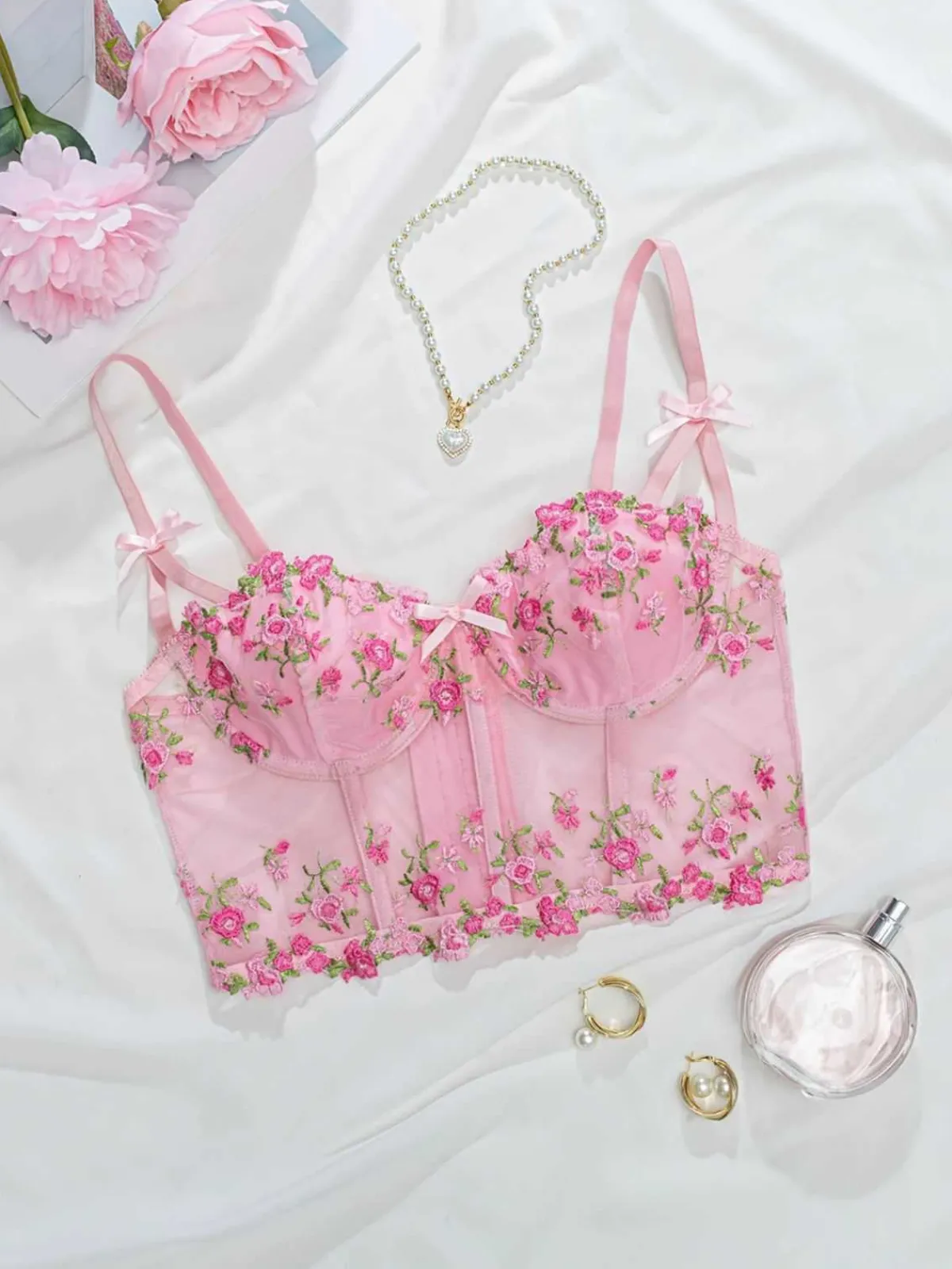 Online Retro Stage 1960s Floral Embroidered Bow Underwire Lingerie