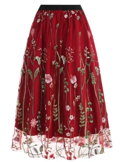 Best Retro Stage 1950s Floral Embroidered Mesh Skirt