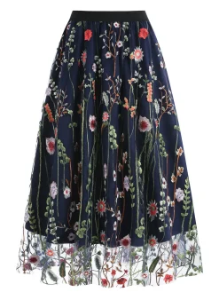 Best Retro Stage 1950s Floral Embroidered Mesh Skirt
