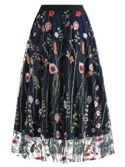 Best Retro Stage 1950s Floral Embroidered Mesh Skirt