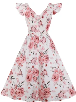 Outlet Retro Stage 1950s Floral Flare Sleeve Swing Dress