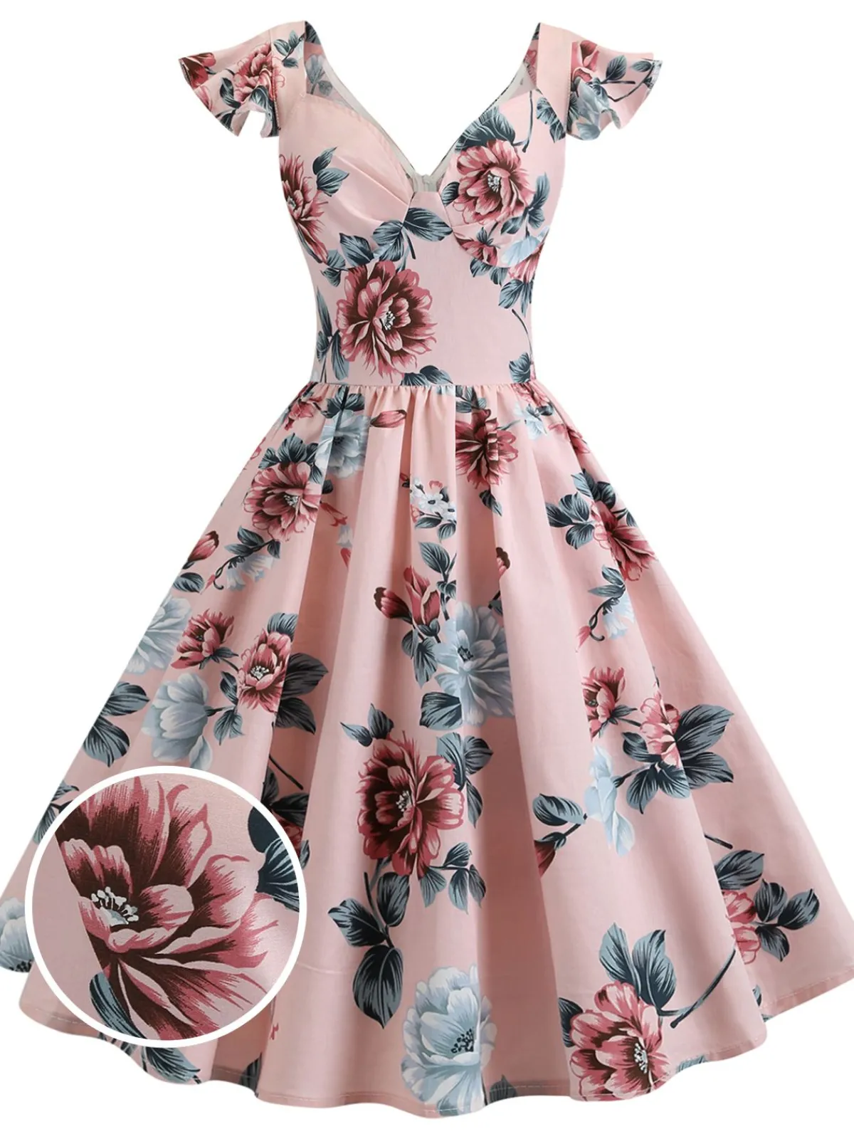 Outlet Retro Stage 1950s Floral Flare Sleeve Swing Dress