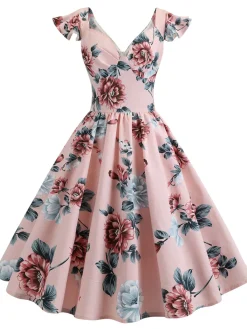 Outlet Retro Stage 1950s Floral Flare Sleeve Swing Dress