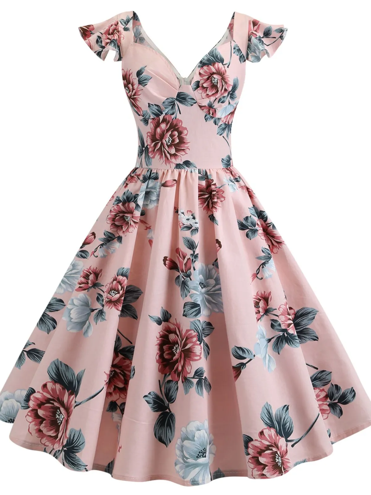 Outlet Retro Stage 1950s Floral Flare Sleeve Swing Dress