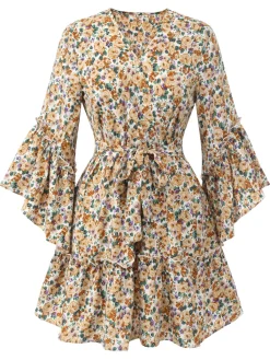 Discount Retro Stage 1960s Floral Flared Long Sleeve Dress With Belt Beige