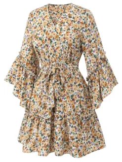 Discount Retro Stage 1960s Floral Flared Long Sleeve Dress With Belt Beige