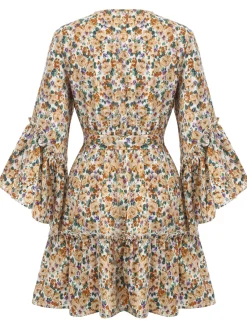 Discount Retro Stage 1960s Floral Flared Long Sleeve Dress With Belt Beige